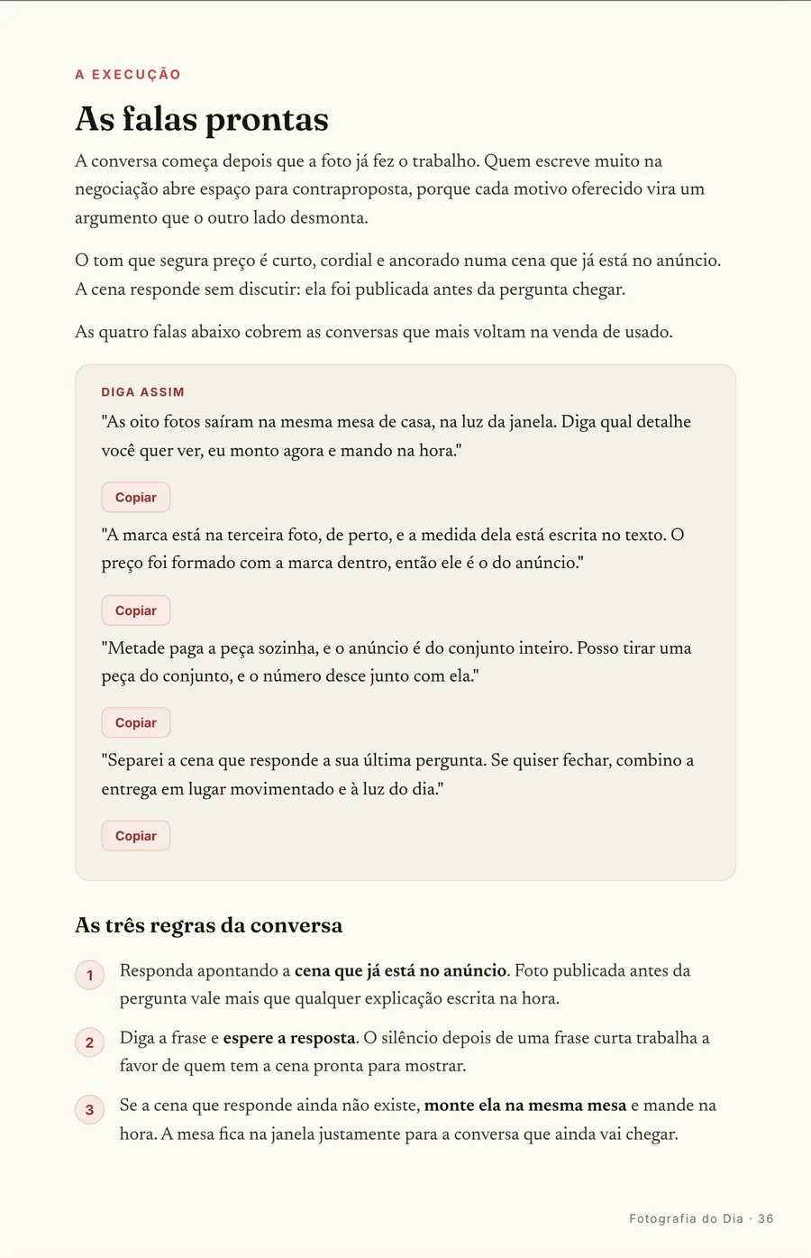Falas prontas: As falas do anúncio, com as regras da conversa ao lado de cada uma